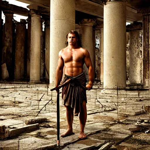 Prompt: portrait of Achilles holding a spear, standing in ruins, fallen columns, highly detailed face, photo realistic, facial features, tom chambers photography