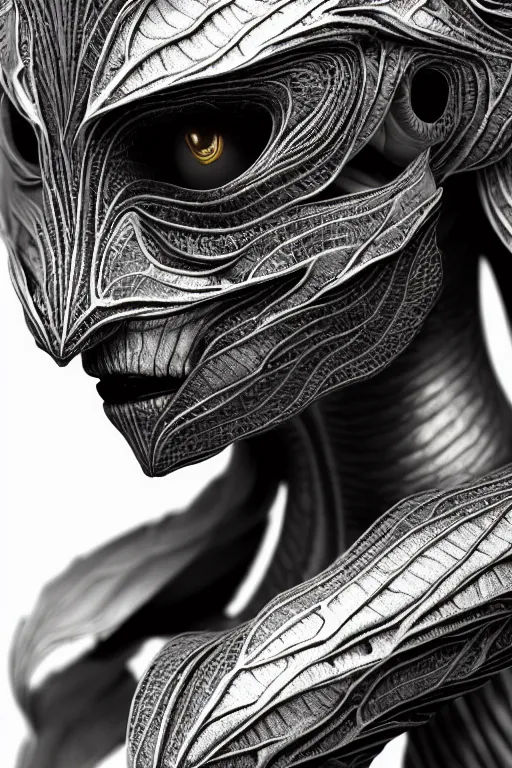 Image similar to bw close - up profile face, black background, beautiful young porcelain vegetal - dragon - cyborg - female, 1 5 0 mm, beautiful natural soft rim light, silver gold details, magnolia leaves and stems, roots, mandelbot fractal, elegant, ultra detailed, white metallic armour, octane render, h. r. giger style