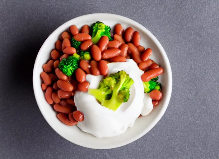 Image similar to food photo still of frozen yogurt topped with baked beans and broccoli, 8 5 mm f 1. 8 studio lighting