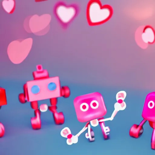 Prompt: tiny cute robots having fun at a party with cute pink hearts and exclamation points floating in the air