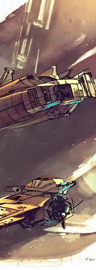 Prompt: space smugglers hiding cargo in their old rusting space ship illustrated by greg tocchini