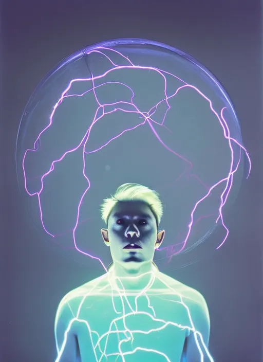 Image similar to realistic photo portrait of a glowing disks flying in a grey sky, covered with tesla electricity, transparent human 1 9 9 0, life magazine photo, natural colors, museum collection, kodak