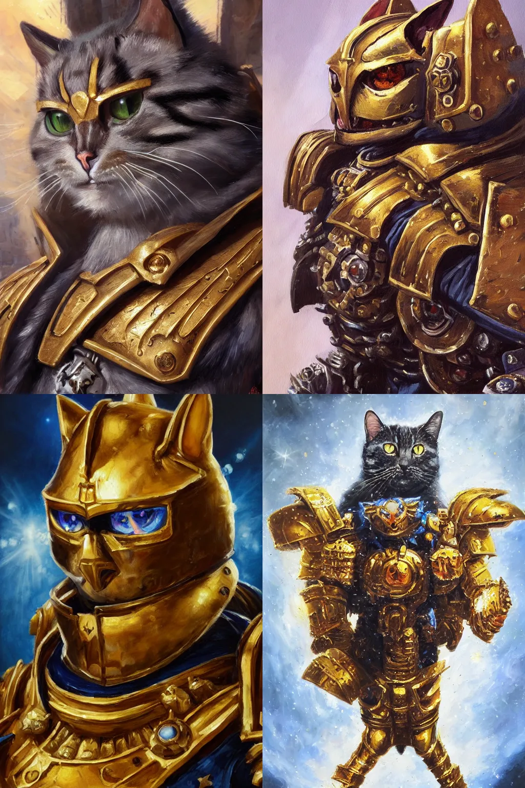 Prompt: an oil painting of a cat as the emperor of Mankind from the Warhammer 40k, sparkly cat eyes, golden armour, glorious, cinematic, realistic lighting, masterpiece, smooth