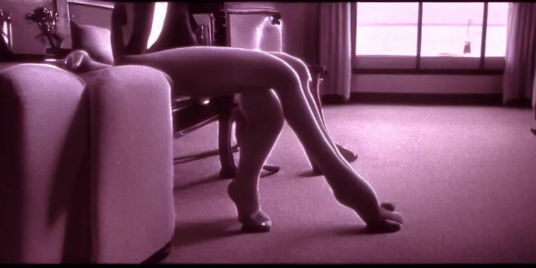 Image similar to photorealistic wide shot cinematography of a beautiful woman sliding stockings on to her legs acting in a twilight zone episode shot on film at magic hour with the sun shining into a large 6 0's hotel lobby room filled with volumetric haze by the shining cinematographer john alcott on a cooke panchro 1 8 mm lens.