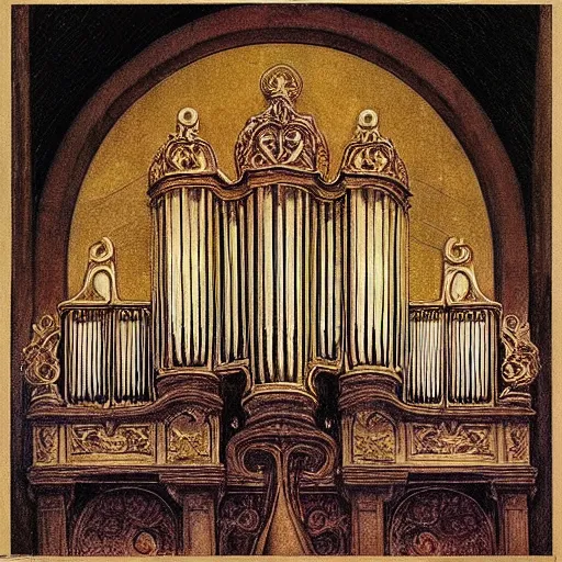 Image similar to pipe organ music album art by alan lee and albrecht durer