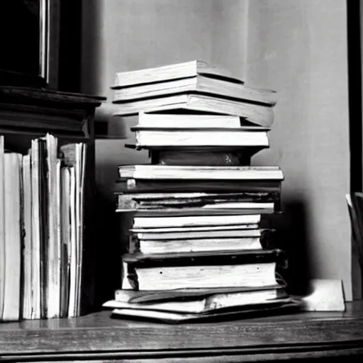 Image similar to a pile of books on a bedside table, citizen kane ( 1 9 4 1 )