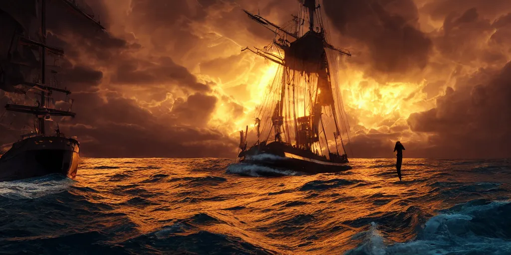 Prompt: medieval woman ship pilot from behind standing at the bow of a ship at sea, dramatic golden neon sunset with thick wall of storm clouds and turbulant seas with land in the distance, dynamic lighting, hyperrealistic, HD 4k, artstation