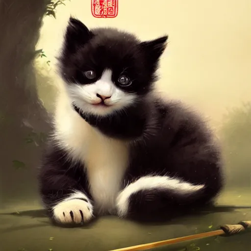 Image similar to drawning of a cute kitten with panda body and cat face, in a kimono, holds a sword, artwork by greg rutkowski, highly detailed, matte painting, digital art, 4 k