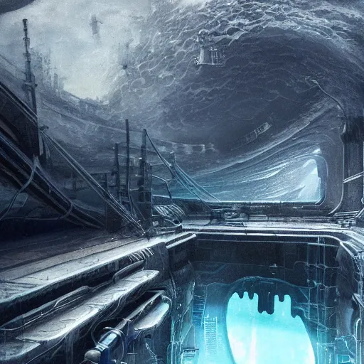 Image similar to deep sea mining installation, science fiction, dark, sinister, gradients, highly detailed, cinematic matte painting, concept art, smooth, sharp focus