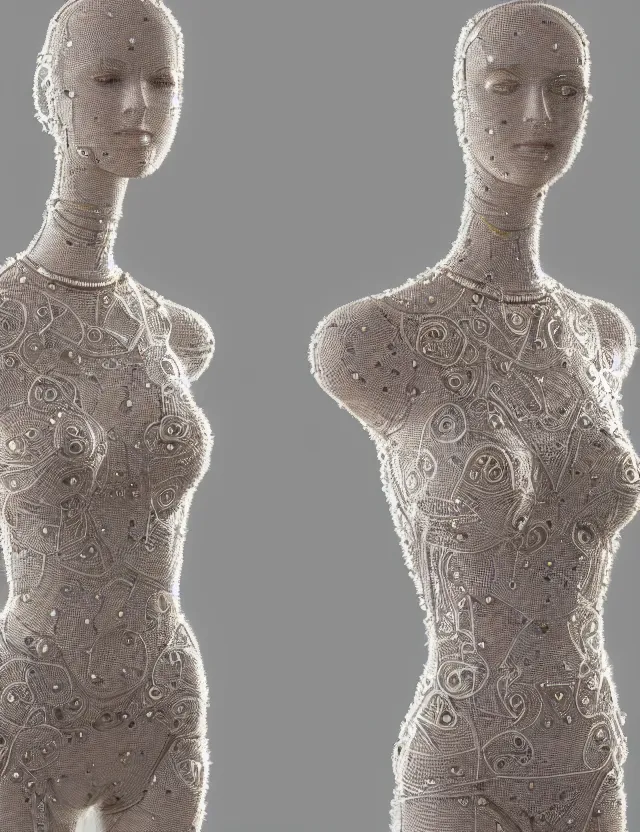 Prompt: techno - embroidered mannequin decorated with filigree and beads, safe for work, pastel color scheme, by award - winning concept artist, dynamic composition, backlighting, radiant light