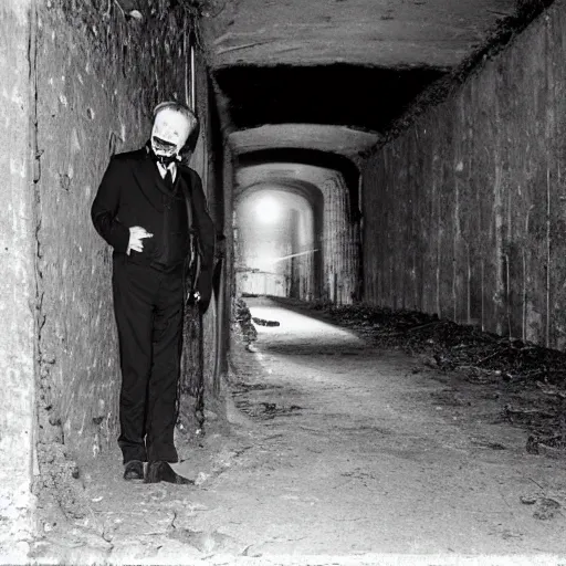 Prompt: daguerrotype of a slim handsome middle-aged vampire in white shirt and black pants with large black bat wings standing in an abandoned English underground tunnel, atmospheric, smoke, blurry image, full body