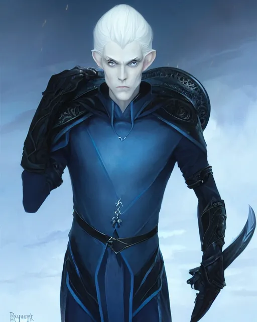 Image similar to character portrait of a slender young half elven man with white hair, piercing blue eyes, and pale blue skin, wearing sleek pearlescent black armor, by greg rutkowski and mark brookes and jim burns and tom bagshaw and magali villeneuve, trending on artstation