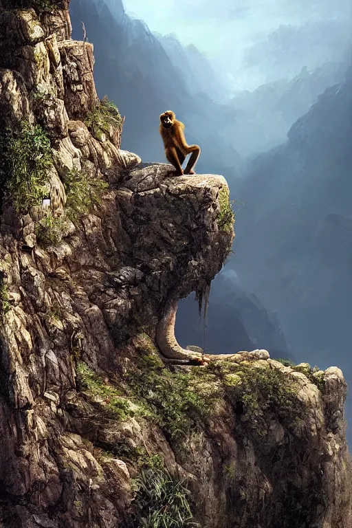 Image similar to a monkey standing at the top of a cliff throwing a bone in the air , dramatic lighting, cinematic, establishing shot, extremly high detail, photorealistic, cinematic lighting, artstation, style by James Gurney