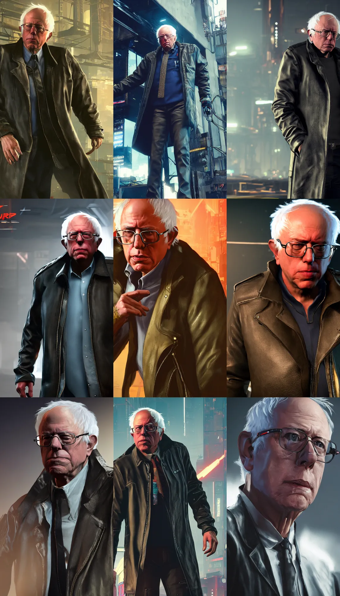 Prompt: full-frame of Bernie Sanders, wearing a leather-coat, as a character from Cyberpunk 2077, looking at camera, intricate, sci-fi, extremely detailed, cartoon, artstation