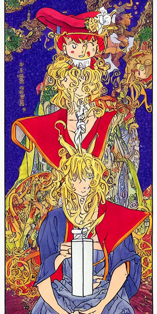 Image similar to a mystical man with a goblet on the table, wizard hat, drawn by Naoko Takeuchi, impressive line work, tarot card. tarot card the magician,