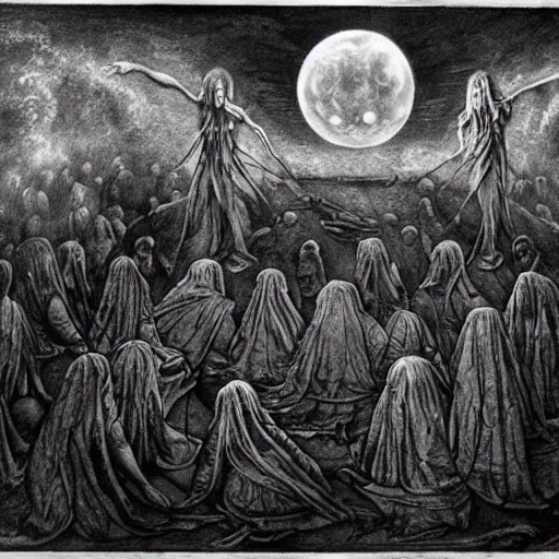 Image similar to Members of a cult gather and summon a Blood Moon, surreal, dark, detailed, intricate, unique made by Leonardo Da Vinci and H R Giger