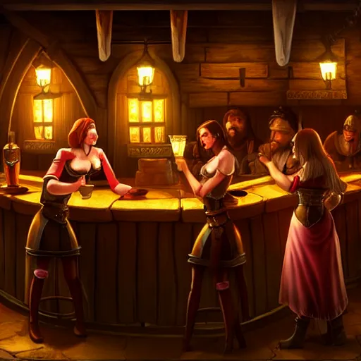 Image similar to medieval tavern with barmaid and patrons, deviantart, artstation, fantasy