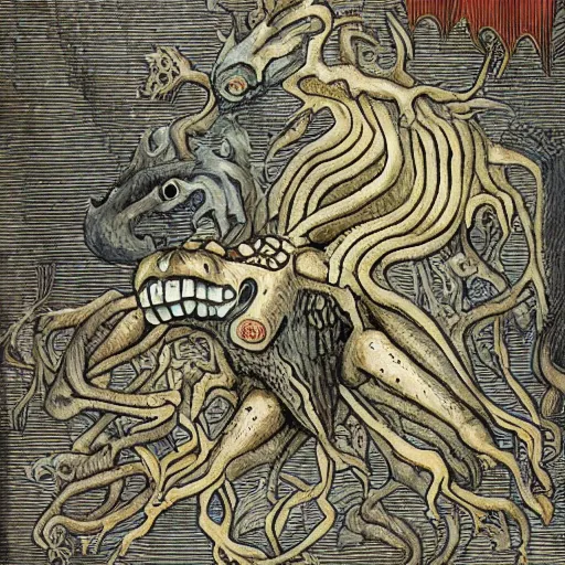 Image similar to bestiary of creatures from the depths of the unconscious psyche