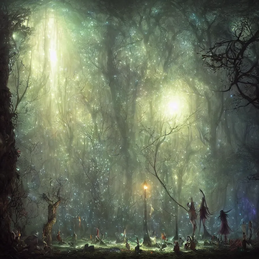 Image similar to a night carnival fairies around a magical tree, christmas lights, creatures and fantastic people disguised as fantastic creatures in a magical forest by summer night, masterpieceunderwater scene, painted by greg rutkowski and rene laloux, volumetric lightning