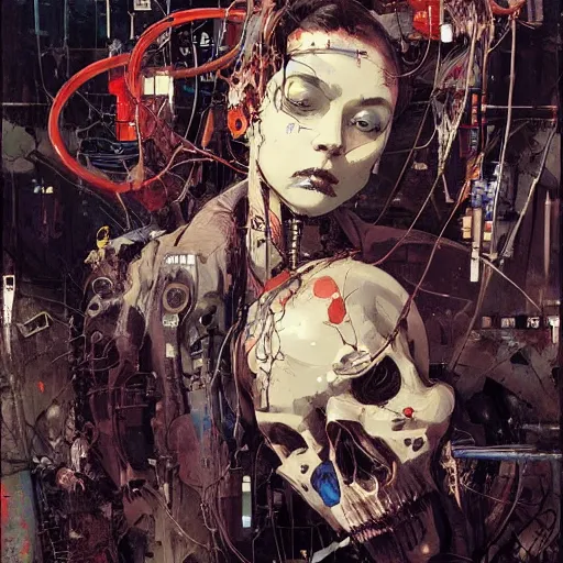 Prompt: a cyberpunk noir detective, skulls, wires cybernetic implants, machine noir grimcore, in the style of adrian ghenie esao andrews jenny saville surrealism dark art by james jean takato yamamoto and by ashley wood and mike mignola