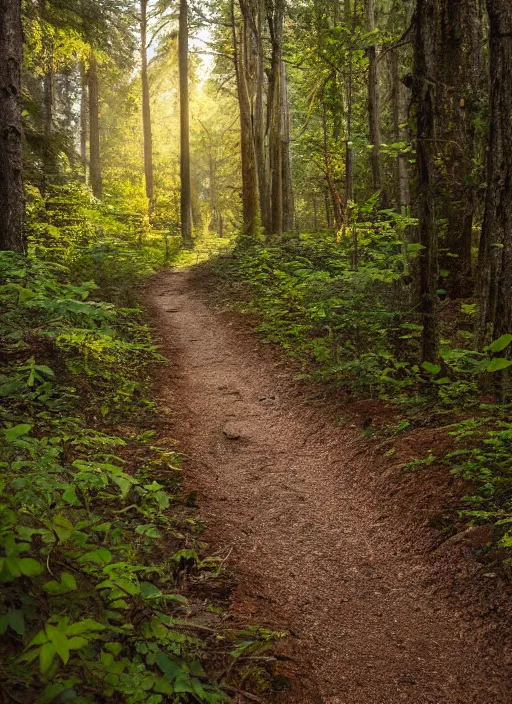 Prompt: a dirt path in the middle of a forest by tim biskup, shutterstock contest winner, naturalism, flickering light, high dynamic range, creative commons attribution