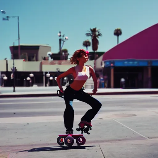 Image similar to a roller skater in a cinematic shot in santa monica, mid - afternoon, canon eos c 3 0 0, ƒ 1. 8, 3 5 mm, 8 k, medium - format print, inspired by roger deakins cinematography