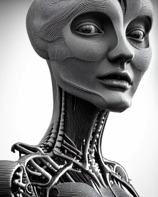 Prompt: mythical black and white organic bio-mechanical spinal ribbed face portrait detail of mechanical beautiful female angelic-vegetal-cyborg, highly detailed, intricate ornate, poetic, 3D render, digital art, octane render, 8K artistic photography, photo-realistic, by Man Ray