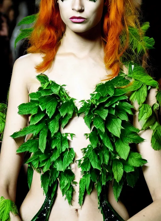 Prompt: a beautiful portrait of young flavia lucini as poison ivy from batman as a versace fashion model spring / summer 2 0 1 2, highly detailed, in the style of cinematic, getty images, milan fashion week backstage, makeup by pat mcgrath, greg rutkowski