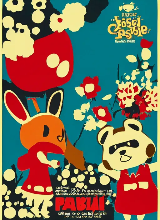 Prompt: Polish posters for Isabelle from Animal Crossing. Screen printed, silkscreen, paper texture. 1968