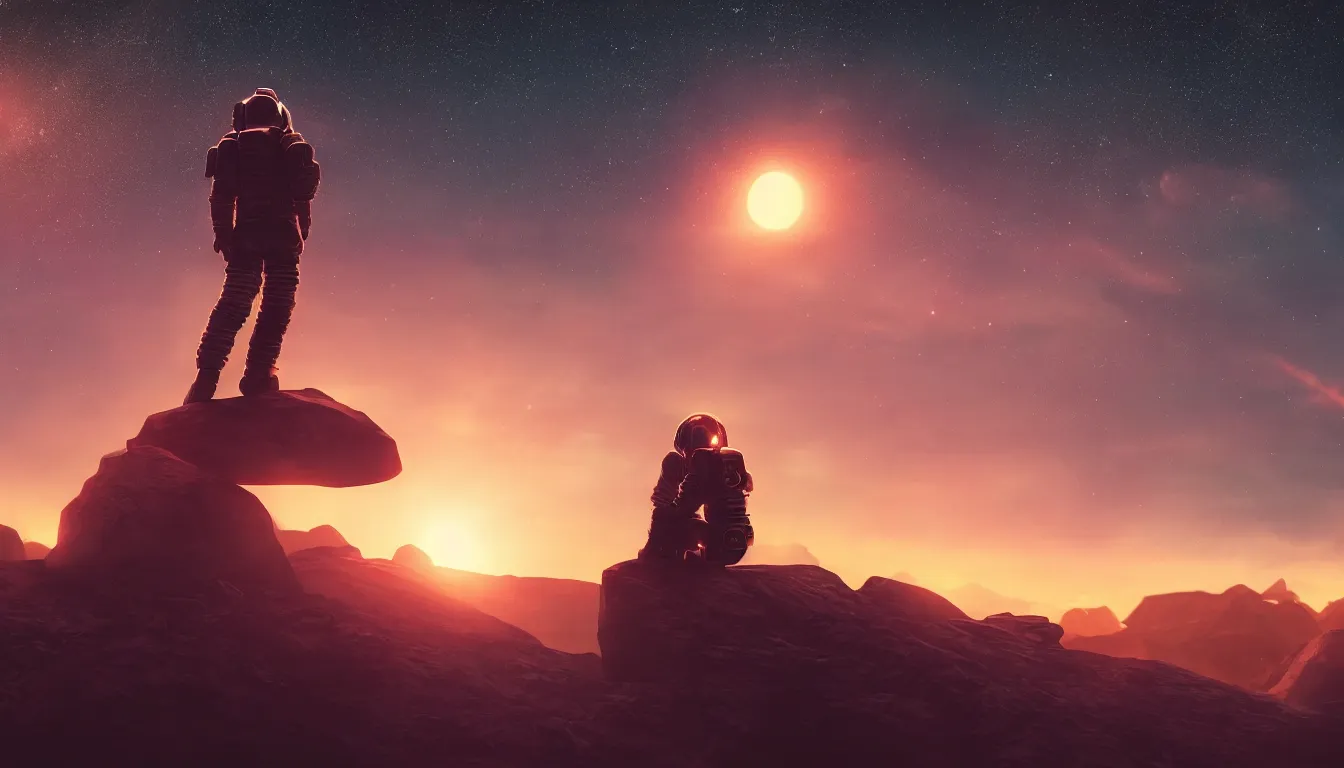 Image similar to lone cyberpunk astronaut sat on top of a mountain looking at the horizon of a unknown planet, close shot, sunset, cinematic, epic, dark scenario, 8k, award winning,