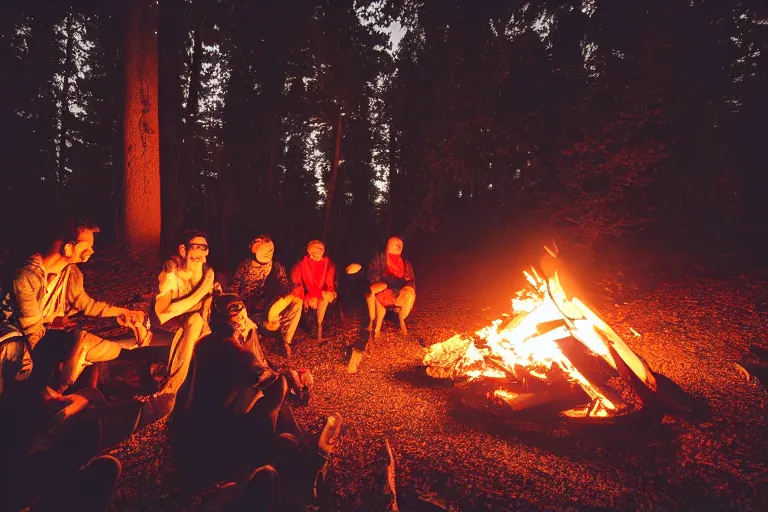 Prompt: people around a campfire, night in a dark forest, cinematic lighting, low angle photography, wide shot, hyperrealistic, 8k