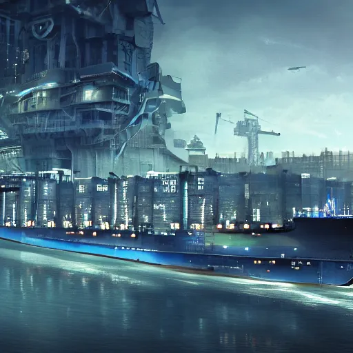 Image similar to photo of Immense industrial futuristic cargo ship arrives at cyber punk city sea port, cinematic lighting, photo