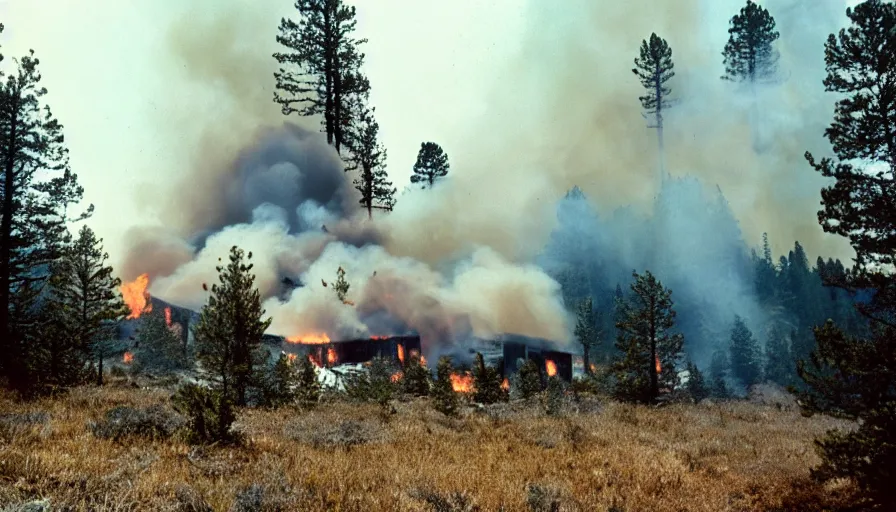 Image similar to 1 9 7 0 s movie still of a heavy burning house on a mountain with pine forest, cinestill 8 0 0 t 3 5 mm, high quality, heavy grain, high detail, texture, dramatic light, ultra wide lens, panoramic anamorphic, hyperrealistic