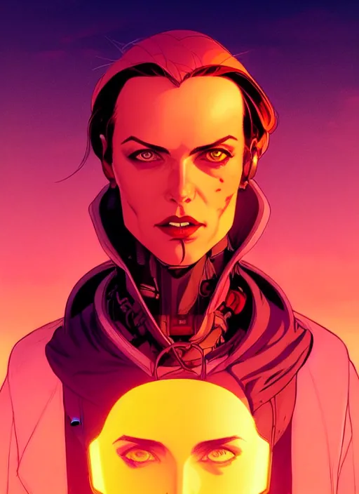 Prompt: Rafeal Albuquerque comic art, Joshua Middleton comic art, cinematics lighting, sunset colors, pretty female cyberpunk space pirate, big smirk, symmetrical face, symmetrical eyes,full body, in a field, sunset