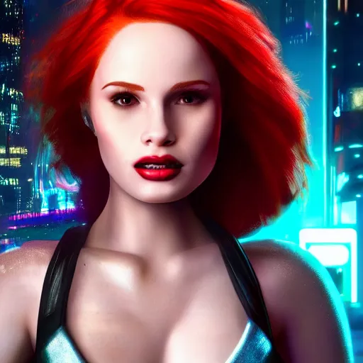 Image similar to madelaine petsch portrait, cyberpunk 2 0 7 7, cyberpunk judy alvarez, photorealistic, ultra detailed, neon, octane, bokeh, cinematic lighting, cyber, cyberpunk city, studio quality, feature, scars, cyberface, 8 k