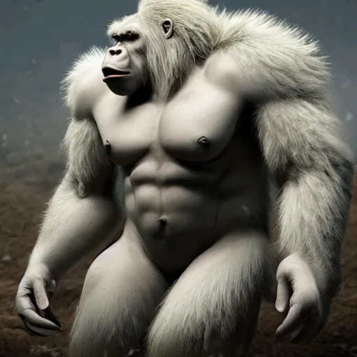 Image similar to angry tough rough looking albino gorilla. scars, battle damage, scratched armor, interesting 3 d character concept by square enix, rough game art, hyper detailed, character modeling, cinematic, final fantasy, video game character concept, ray tracing, fur details, maya, c 4 d