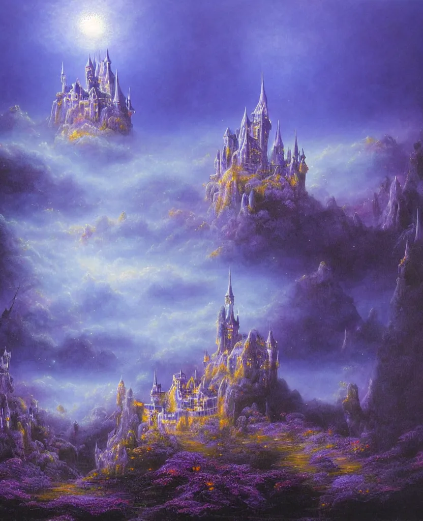 Image similar to beautiful matte airbrush painting of a of a fantasy landscape with a european medieval castle made of light in the distance enveloped in trails of colorful animal ghosts floating around it, clear painting and good lighting, dark blue and intense purple color palette, mystical fog, art by gilbert williams, yoshitaka amano, high quality