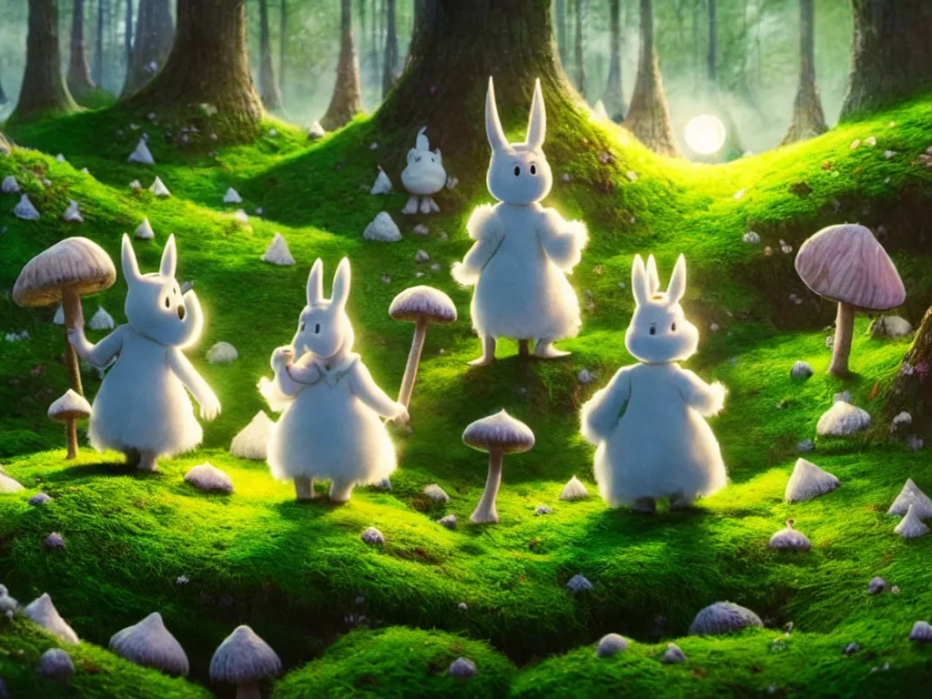 Image similar to the moomins wearing fluffy knight armor discovering the enchanted forest full of magic trees, giant mushrooms and moss and many fairies glowing in the dark, photorealistic painting, cgi, low volumetric light, movie still, very cute and cozy and fluffy and sweet