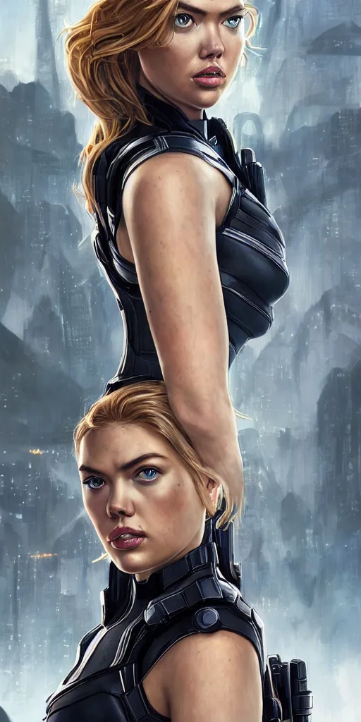 Prompt: portrait of Kate Upton as Black Widow in the Avengers movie, looking at camera, intricate, dystopian, sci-fi, extremely detailed, octane render, digital painting, concept art, smooth, sharp focus, illustration, incredible art by artgerm and greg rutkowski and alphonse mucha and simon stalenhag
