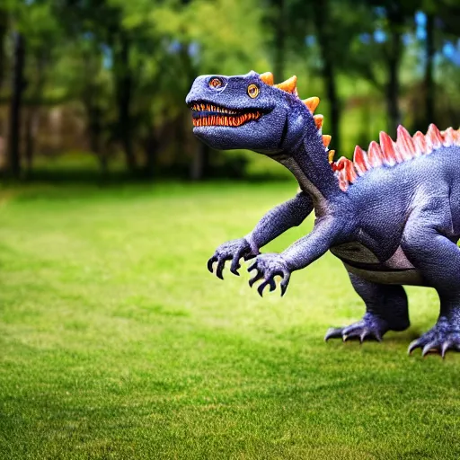 Prompt: a dinosaur walking in the yard, Photoshot, realistic