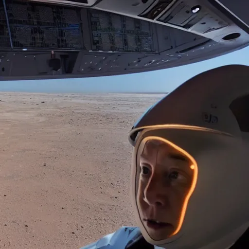 Prompt: elon musk inside a starship rocket, looking at mars outside the window