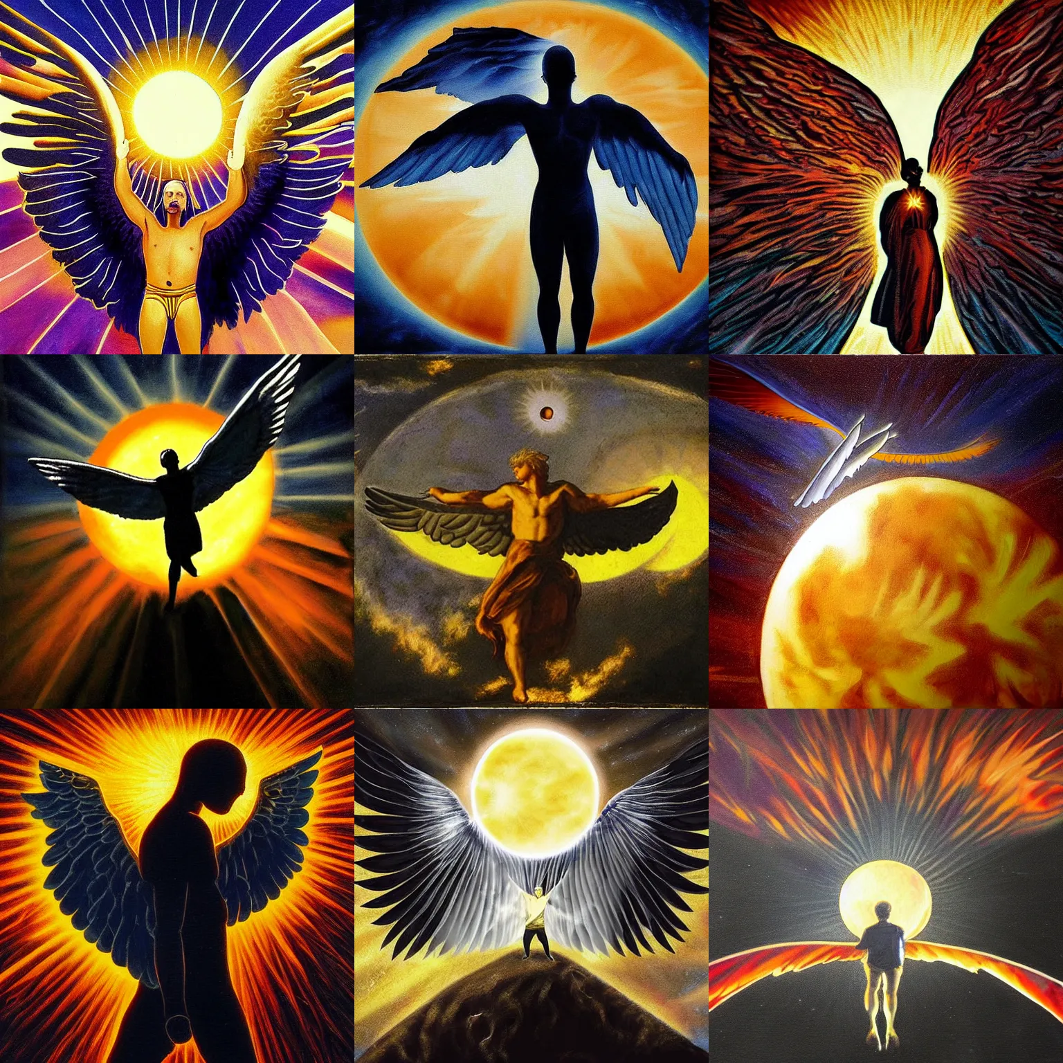 Prompt: a man with artificial wings flies in front of the sun, eclipse, icarus, epic painting, high contrast