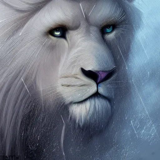 Prompt: aesthetic half body portrait commission of a albino male furry anthro lion wearing gym clothing at an athletic track during a storm, detailed face , hyperdetailed, snowy winter atmosphere. Character design by charlie bowater, ross tran, artgerm, and makoto shinkai, detailed, inked, western comic book art, 2021 award winning painting