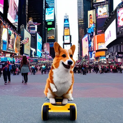 Image similar to a corgi riding a skate on times square