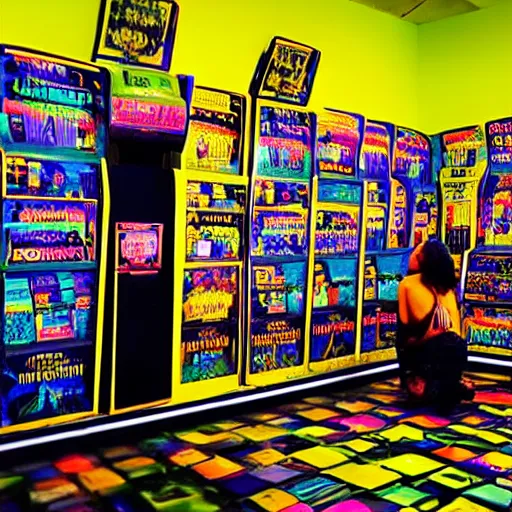 Image similar to black light photo, a man in a colorful velvet full body suit crouched inside a video rental store, nostalgia, hyper realism, the end of innocence