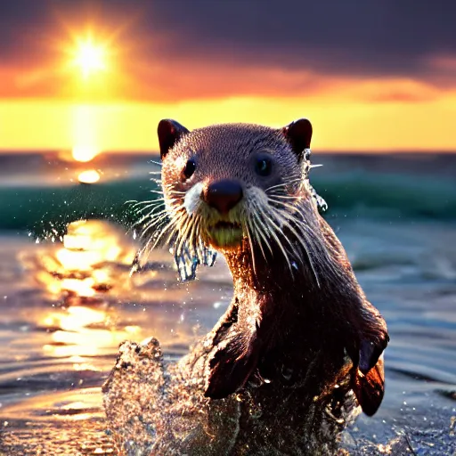 Image similar to a closeup photorealistic photograph of a cute otter - cat hybrid splashing in the surf during sunset. professional capture, well lit shot. this 4 k hd image is trending on artstation, featured on behance, well - rendered, extra crisp, features intricate detail, epic composition and the style of unreal engine.