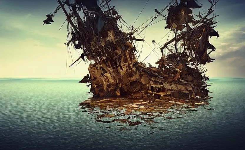 Image similar to “Pirate ship wreck falling off a Floating island from the sky, 4k, cinematic, award winning”