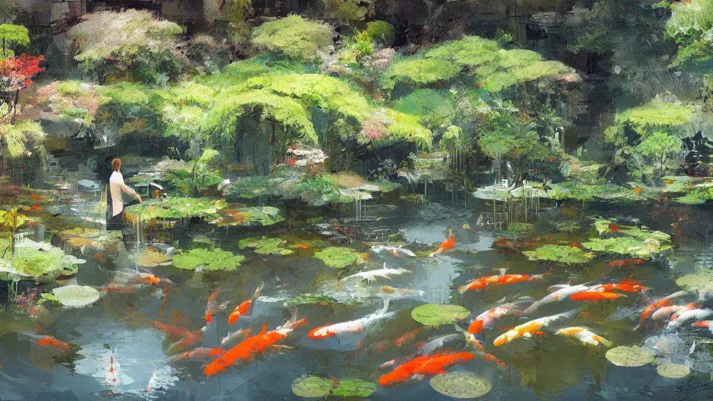 Image similar to painting of a koi pond, trending on artstation, masterpiece by ismail inceoglu