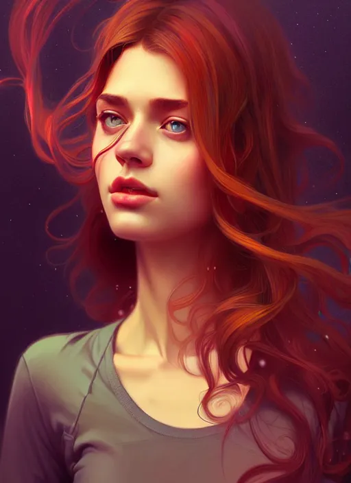 Image similar to handsome young women with shoulder length fire hair, half body shot, path traced, highly detailed, high quality, digital painting, alena aenami, lilia alvarado, shinji aramaki, karol bak, alphonse mucha, tom bagshaw