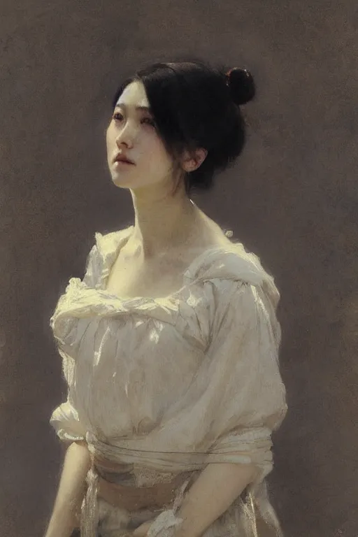 Image similar to Solomon Joseph Solomon and Richard Schmid and Jeremy Lipking victorian genre painting full length portrait painting of a young beautiful woman from japan